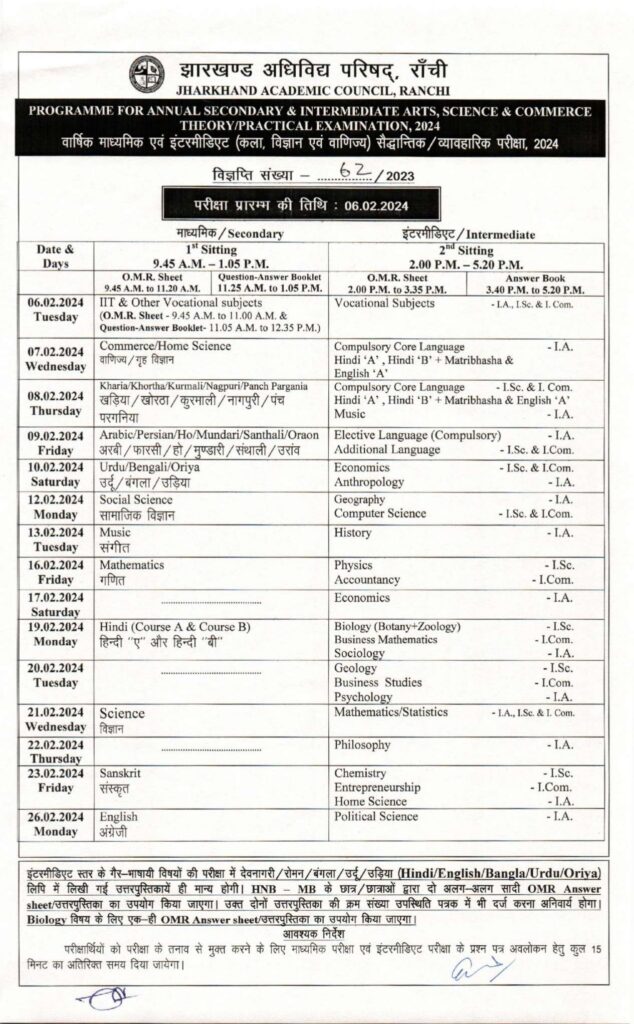 JAC Class 12th Exam datesheet